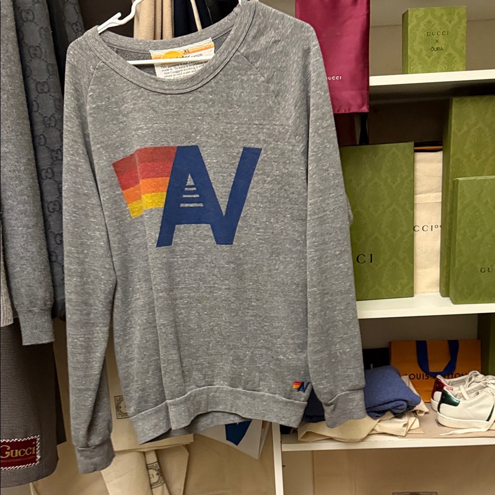 Aviator Nation Gray Multicolor Logo Crewneck Sweater